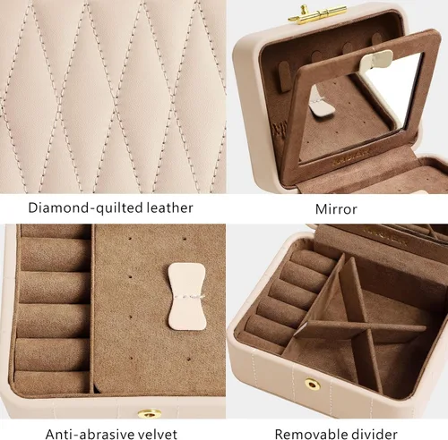 Vista 5 de KAMIER Joyero de viaje, organizador de joyas de viaje de cuero acolchado con diamante, caja organizadora de joyas de viaje pequeña para mujeres