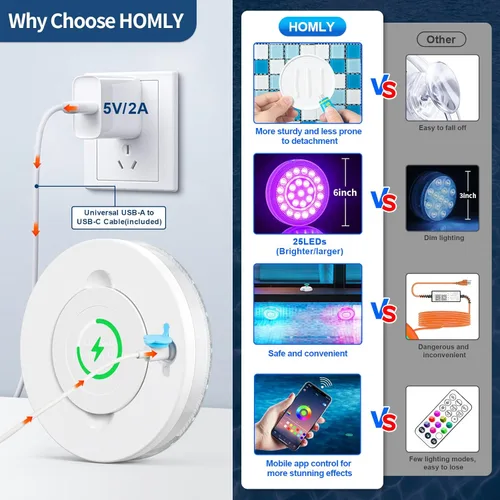 Vista 5 de Homly - Luces para piscina LED recargables sumergibles con control inalámbrico por APP, luces LED inteligentes subacuáticas impermeables