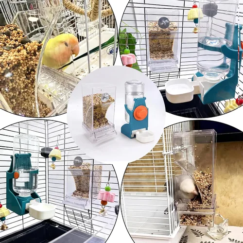 Vista 7 de Juego de alimentador de jaula para pájaros sin desorden y dispensador Azul+Transparente
