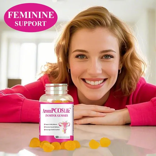 Vista 6 de AromPCOSLife - Gomitas de inositol para mujer, 60 unidades, suplemento de mio-inositol con folato y vitaminas B6 y B12, apoya el bienestar diario