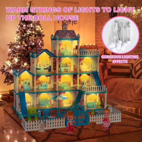Vista 6 de Casa de Muñecas OCTERIC para Niñas, Casa de Muñecas de 13 Habitaciones con 2 Muñecas, Luces, Figuras, Cachorros, Muebles, Accesorios, Juguetes