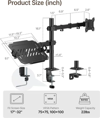 Vista 2 de monTEK Soporte para monitor y portátil para escritorio, brazo de monitor de altura ajustable para pantalla de hasta 32 pulgadas y portátil de 17