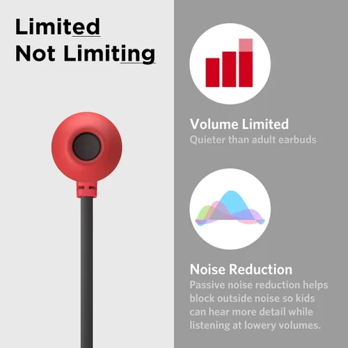 Vista 4 de LilGadgets BestBuds - audífonos que se introducen en el oído, con volumen limitado, con micrófono, para niños (con funda para guardar), Negro/Rojo