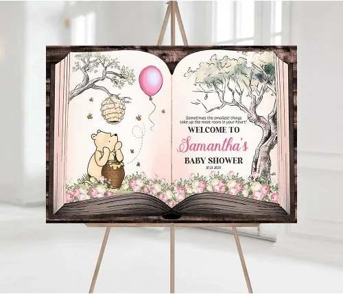 Vista 13 de Letrero de bienvenida personalizado de Bear Pooh para baby shower, regalos clásicos personalizados para bebés, niños y niñas, decoraciones de oso #12