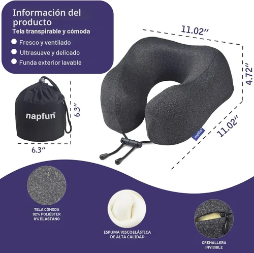 Vista 2 de NapFun - Almohada de cuello para viajes, almohada de cuello de viaje mejorada para avión 100% espuma viscoelástica para dormir y descansar durante