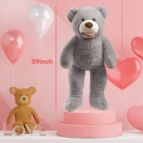 Vista 8 de HollyHOME Oso de peluche gigante de peluche con huellas para niños y novia, 39 pulgadas, color gris