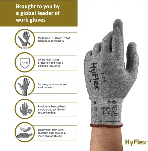 Vista 3 de Ansell HyFlex 11-727 Ultralight Cut-Resistant Industrial Gloves w/Reinforced Palm for Machinery, Auto, Warehousing Grey