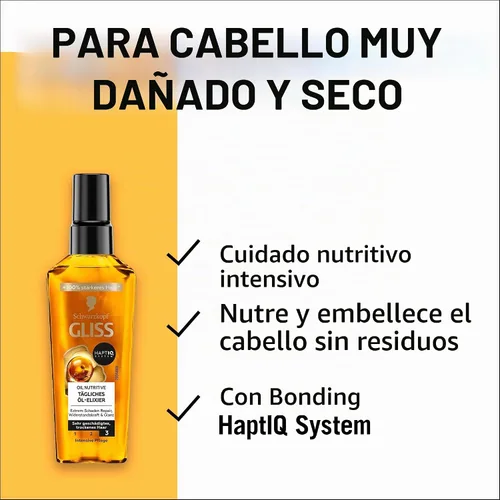 Vista 3 de Gliss Kur Aceite para el cabello Daily Oil Elixir (2.5 fl oz), aceite para cabello seco nutre y refina el cabello sin residuos grasos, contiene