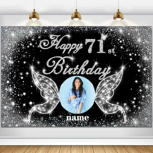 Vista 124 de Cartel personalizado de decoración de fiesta de cumpleaños número 100 - tema de alas de ángel - negro y plateado HY-NLK-100º