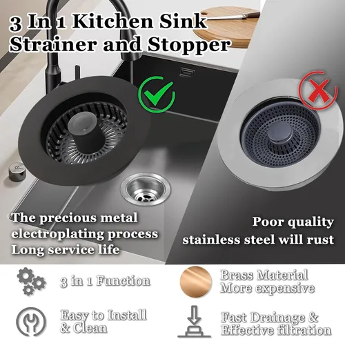 Vista 4 de BAOLSLS Tapón de fregadero de cocina 3 en 1, colador de drenaje para fregadero de cocina, con un colador de cesta adicional, tapón de drenaje