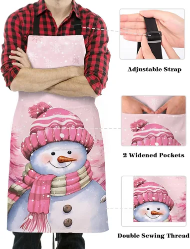 Vista 3 de Pink Snowman Christmas Bib Aprons with Pockets Waterproof, Adjustable Apron for Men Women Xmas Tree Winter Snowflake Pink