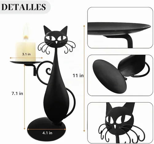 Vista 2 de Portavelas de gato negro para velas de pilar sin llama, velas LED retro rústicas estilo granja para el hogar, decoración de gato de metal
