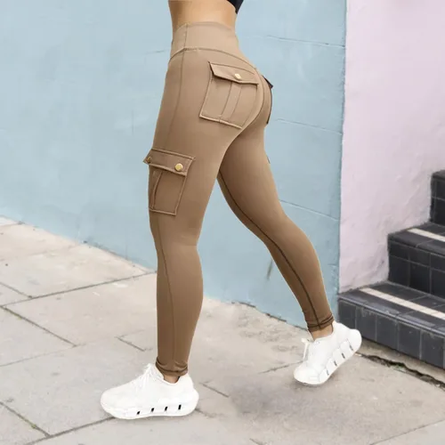 Vista 5 de Leggings cargo para mujer con bolsillos con solapa, talla grande, pantalones de yoga de cintura alta, leggings de entrenamiento con levantamiento