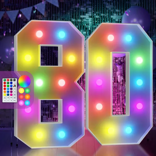 Vista 16 de Imprsv Letras coloridas de marquesina de 3 pies y letras grandes iluminadas RGB con control remoto, decoraciones de fiesta de cumpleaños Carta