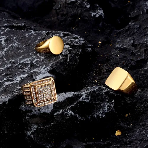 Vista 6 de Dochais 3 anillos de sello para hombres y mujeres, anillos chapados en oro de 14 quilates, anillos de acero inoxidable para hombres, anillos de oro