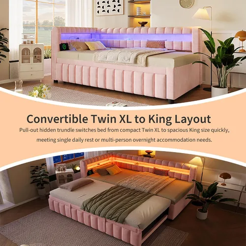 Vista 9 de Polibi Sofá cama tapizado individual XL a King con nido extraíble, luces LED y puertos USB, marco de cama con plataforma de listones de madera