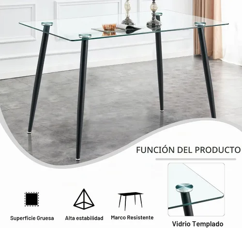 Vista 5 de Baysitone Mesa de comedor de cristal para 4 personas con tapa de vidrio rectangular transparente de 51 pulgadas, muebles de cocina de vidrio Negro