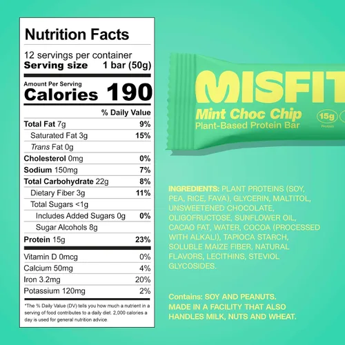 Vista 3 de Misfits Barras de proteínas veganas, paquete de chips de chocolate con caramelo y menta, paquete de 24