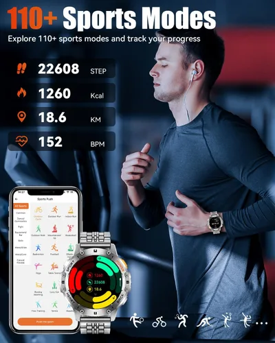 Vista 6 de Relojes inteligentes militares para hombre con llamada Bluetooth, reloj inteligente AMOLED impermeable de 1.43 pulgadas con linterna, 111 modos