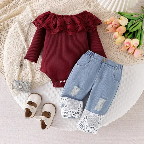 Vista 20 de Conjunto de ropa de bebé niña para bebé, mameluco de encaje blanco de manga larga + pantalones de mezclilla