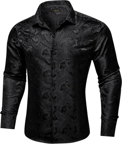 Vista 3 de DiBanGu Camisa de vestir de paisley de seda para hombre, formal, de manga larga, con cuello abotonado, camisas informales para fiesta de boda Negro