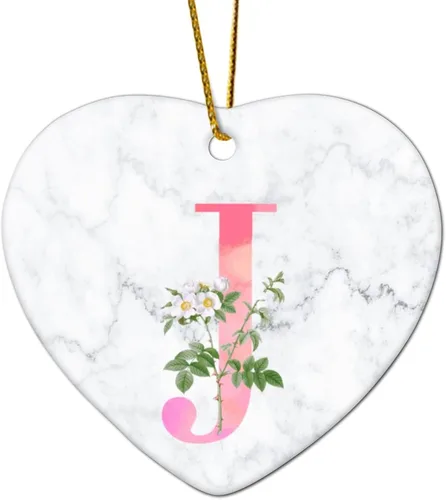 Vista 3 de Adorno de Navidad de cerámica con forma de corazón, rosa, acuarela, inicial, alfabeto, letra J, adorno para árbol de Navidad, recuerdo de boda