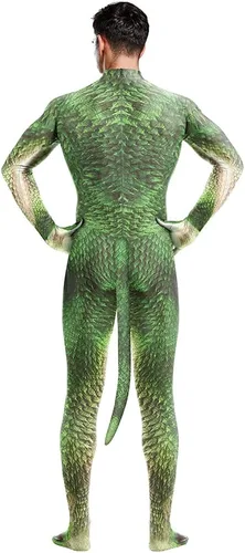 Vista 26 de Disfraz de animal para hombre con estampado de cola grande, overol peludo de elastano para cosplay, fiesta de Halloween