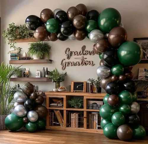 Vista 2 de Arco de globos de látex negro y verde, guirnalda de globos de látex de doble relleno, color verde oscuro, marrón, plateado, para camuflaje