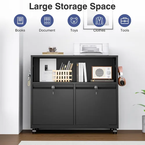 Vista 8 de Archivador de metal con 2 cajones con cerradura, gabinete archivador con soporte para impresora móvil y estantes para archivos de tamaño Negro