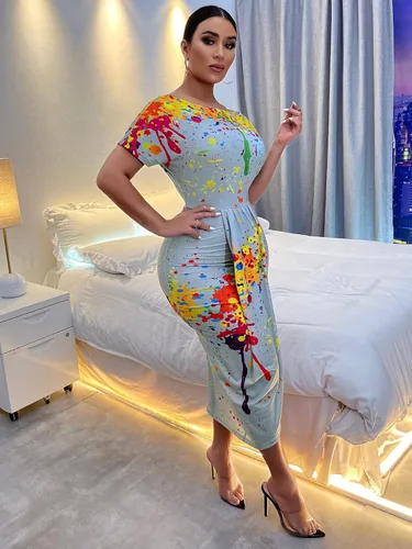 Vista 5 de WDIRARA Vestido cruzado de manga corta con estampado de salpicaduras para mujer