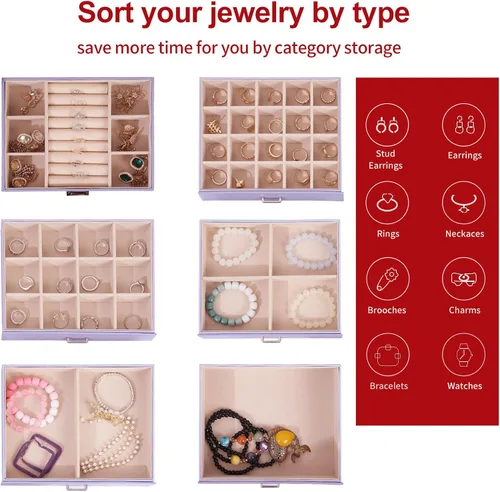 Vista 5 de BOOVO Joyero para mujer, organizador de joyas grande de 6 capas con espejo, caja de almacenamiento multifunción con cerradura, soporte