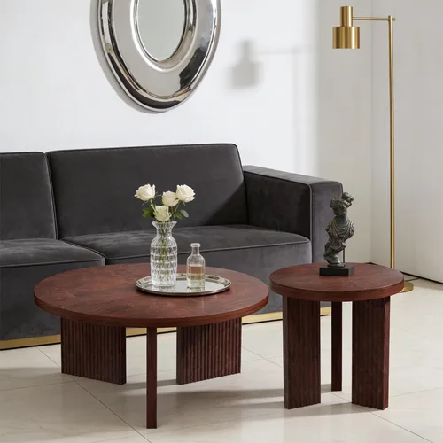 Vista 18 de Mesa de centro redonda de madera, mesa de centro de 35 pulgadas con mesa gruesa y lisa, mesa central de círculo bajo con patas estables
