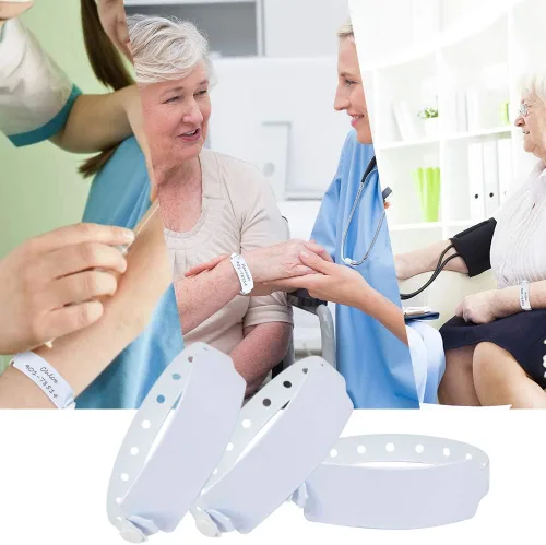 Vista 8 de Pulseras de plástico blanco para hospital, 100 unidades, pulseras de vinilo, bandas de identificación de paciente, pulseras de plástico médico