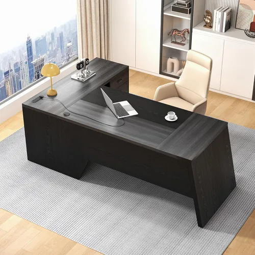Vista 5 de Epecoya Escritorio ejecutivo en forma de L de 78 pulgadas, escritorio grande y moderno para oficina en casa con cajón y gestión de sujeción