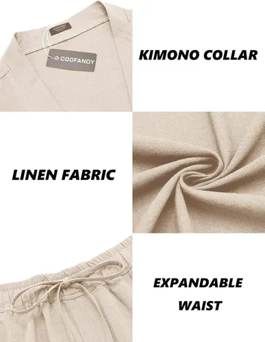 Vista 4 de COOFANDY Conjuntos de lino para hombre, 2 piezas, cárdigan, ropa de playa y conjuntos cortos