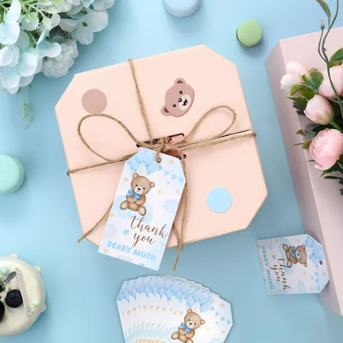 Vista 4 de Etiquetas de agradecimiento de oso, 50 etiquetas de regalo azules con cuerda para baby shower, etiquetas de regalo de agradecimiento para celebrar