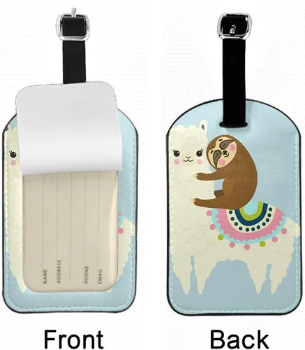 Vista 3 de Linda etiqueta de identificación de equipaje de piel con diseño de llama, diseño de perezoso perezoso de alpaca, con funda de privacidad completa