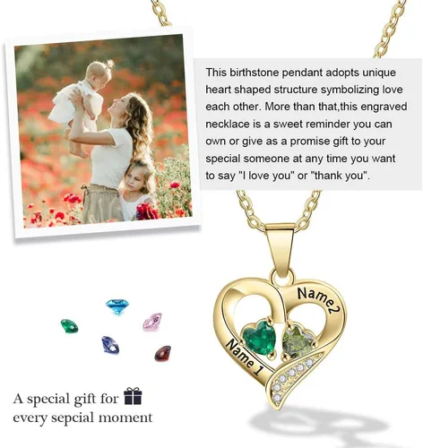 Vista 5 de Love Jewelry - Collar de Plata de Ley Personalizado con 2 Nombres y 2 Corazones de Piedra de Nacimiento Simulada para Pareja, Colgante para Mujer