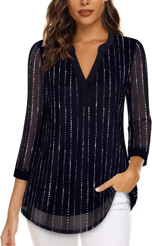 Vista 17 de Timeson - Blusas de manga de 3/4 para mujer, estilo casual, con cuello en V, camisas largas de vestir de doble capa, de malla Negro