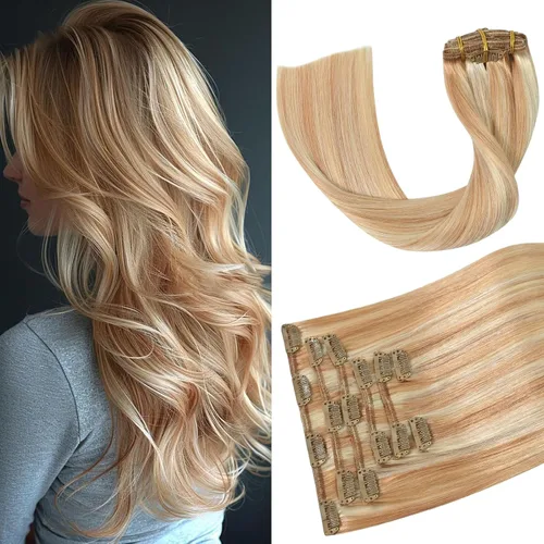 Vista 26 de Aison Extensiones de cabello con clip balayage de cabello humano real, extensiones de cabello ombre 100% de cabello humano para mujer, 12 pulgadas