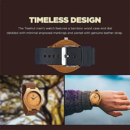 Vista 2 de Treehut - Reloj de pulsera analógico para hombres, de madera con correa de piel auténtica, estilo elegante., Marrón Natural 1