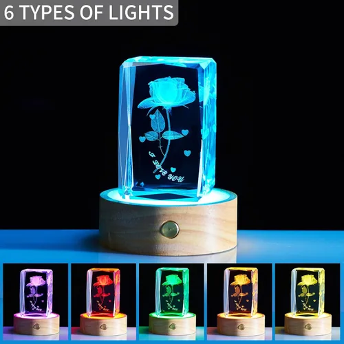 Vista 4 de Regalos románticos para él y ella, regalo del día de la madre para esposa, luz nocturna de cristal de amor 3D con base LED multicolor, regalo