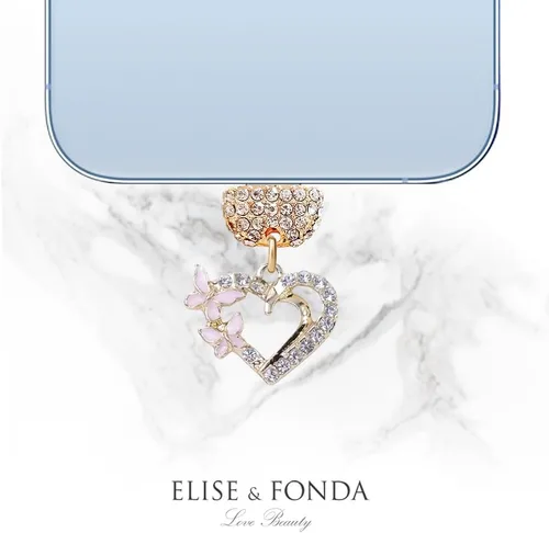 Vista 4 de ELISE & FONDA CP620 Puerto de carga USB cristal anti polvo enchufe pequeño amor corazón con mariposa teléfono encanto para iPhone 13/12/11/XS