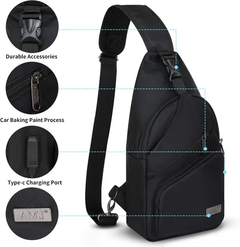 Vista 3 de AMJ Bolso cruzado tipo bandolera para hombres y mujeres, mochila de hombro casual, mochila de pecho tipo morral para senderismo y viajes