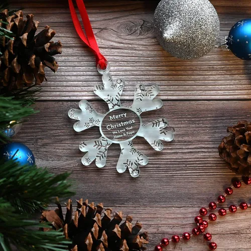 Vista 5 de LHS Adornos de Navidad personalizados para 2023 Decoraciones de copo de nieve para árbol, acrílico transparente resistente a roturas