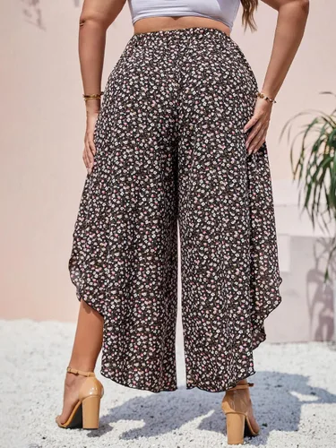 Vista 2 de MakeMeChic Pantalones de pierna ancha con cintura alta y lazo frontal para mujer, talla grande