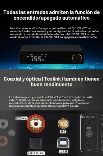 Vista 4 de Topping E70 Velvet AK4499EX DAC Decodificador de Audio - Bluetooth 5.1 LDAC Alta Resolución XU316 32Bit/768kHz DSD512 Entradas BT/USB/Coax/Opt Negro