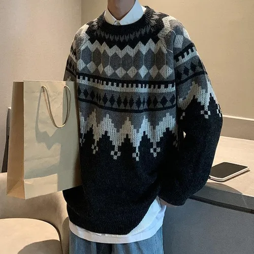 Vista 4 de CYee Grunge Grandpa Sweater for Men Aesthetic Graphic Pullover Y2k Acubi Long Sleeve Sweatshirt Preppy Emo Alt Clothing