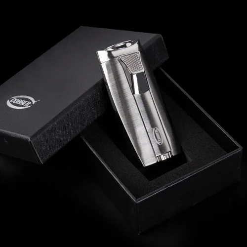 Vista 7 de Cobber Antorcha recargable y resistente al viento doble llama de chorro de butano encendedor para hombres ideas de regalo (plata)