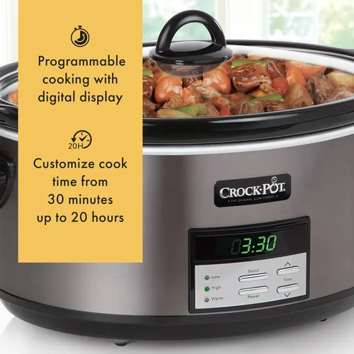 Vista 4 de Crock-Pot Olla de Cocción Lenta Programable Grande de 8 Cuartos con Ajuste de Calentamiento Automático, Acero Inoxidable Negro